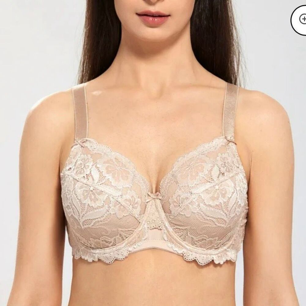 NEW Delimira Full Coverage Lace Underwire Unlined Bra Size 34G‎ nude tan